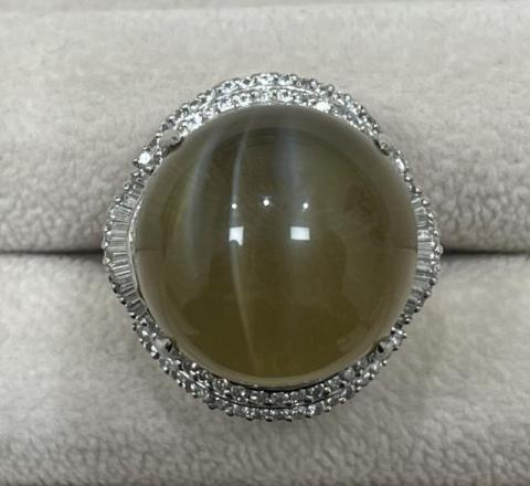 リング Pt900 19.8g クリソベリルキャッツアイ 30.40ctダイヤ 0.77ct