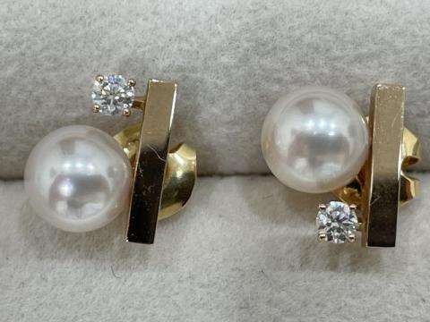 タサキ プチバランス ピアス K18YG 3.0g アコヤ真珠 7.0mmダイヤ 0.05ct/0.05ct