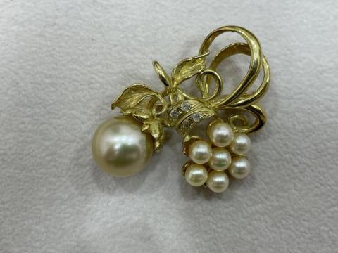 ブローチ K18YG 11.6g 真珠 ダイヤ 0.05ct