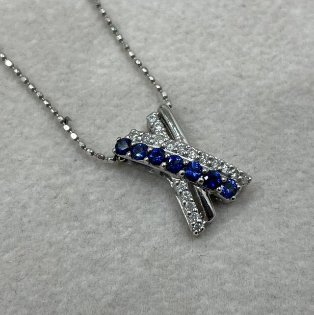 ネックレス K10WG 2.0g サファイア 0.29ctダイヤ 0.13ct