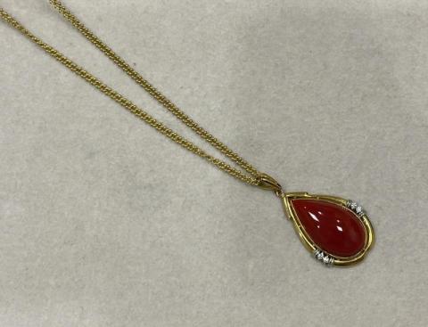 ネックレス K18YG/Pt900 13.6g 珊瑚ダイヤ 0.06ct