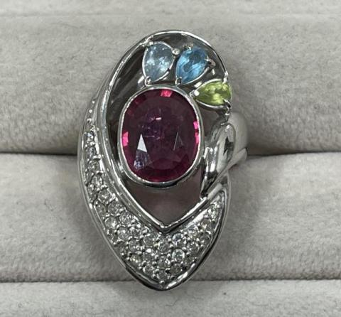 リング K18WG 14.9g トルマリン 3.37ctダイヤ 0.53ct