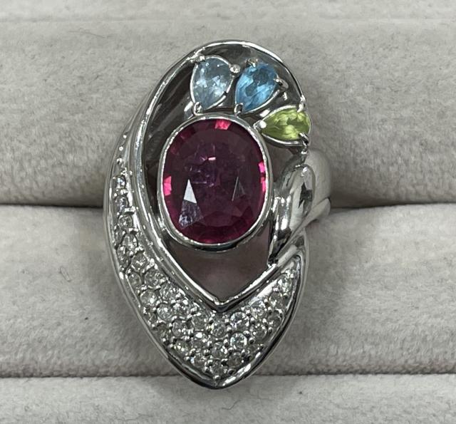 リング K18WG 14.9g トルマリン 3.37ctダイヤ 0.53ct