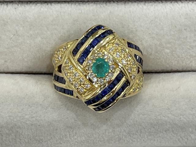 リング K18YG 9.0g パライバトルマリン 0.253ctサファイア 1.65ctダイヤ 0.30ct