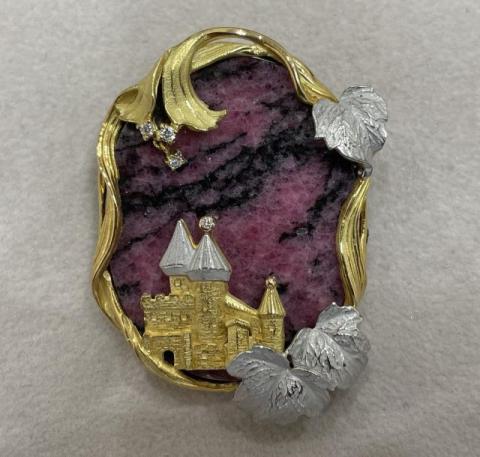 石川暢子 ブローチ兼ペンダントトップ K18YG/Pt900 24.0g ロードクロサイト ダイヤ 城 リーフ