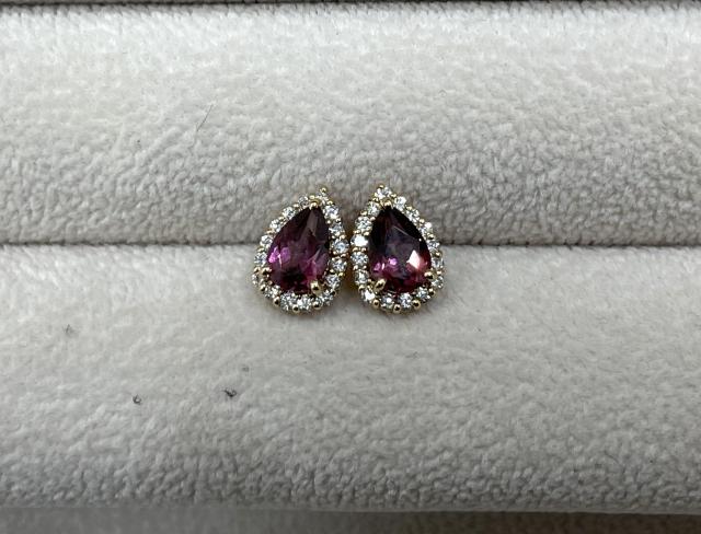 ピアス K18YG 1.8g ロードライトガーネット 0.53ct/0.55ctダイヤ 0.10ct/0.10ct