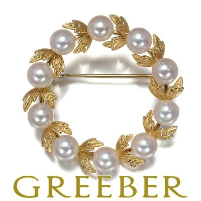 ミキモト ブローチ パール 真珠 5.8mm リーフ サークル リース K18YG